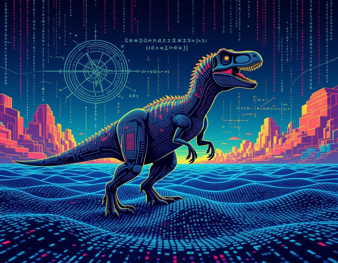Cyberpunk Velociraptor Rising from Binary Code Sea