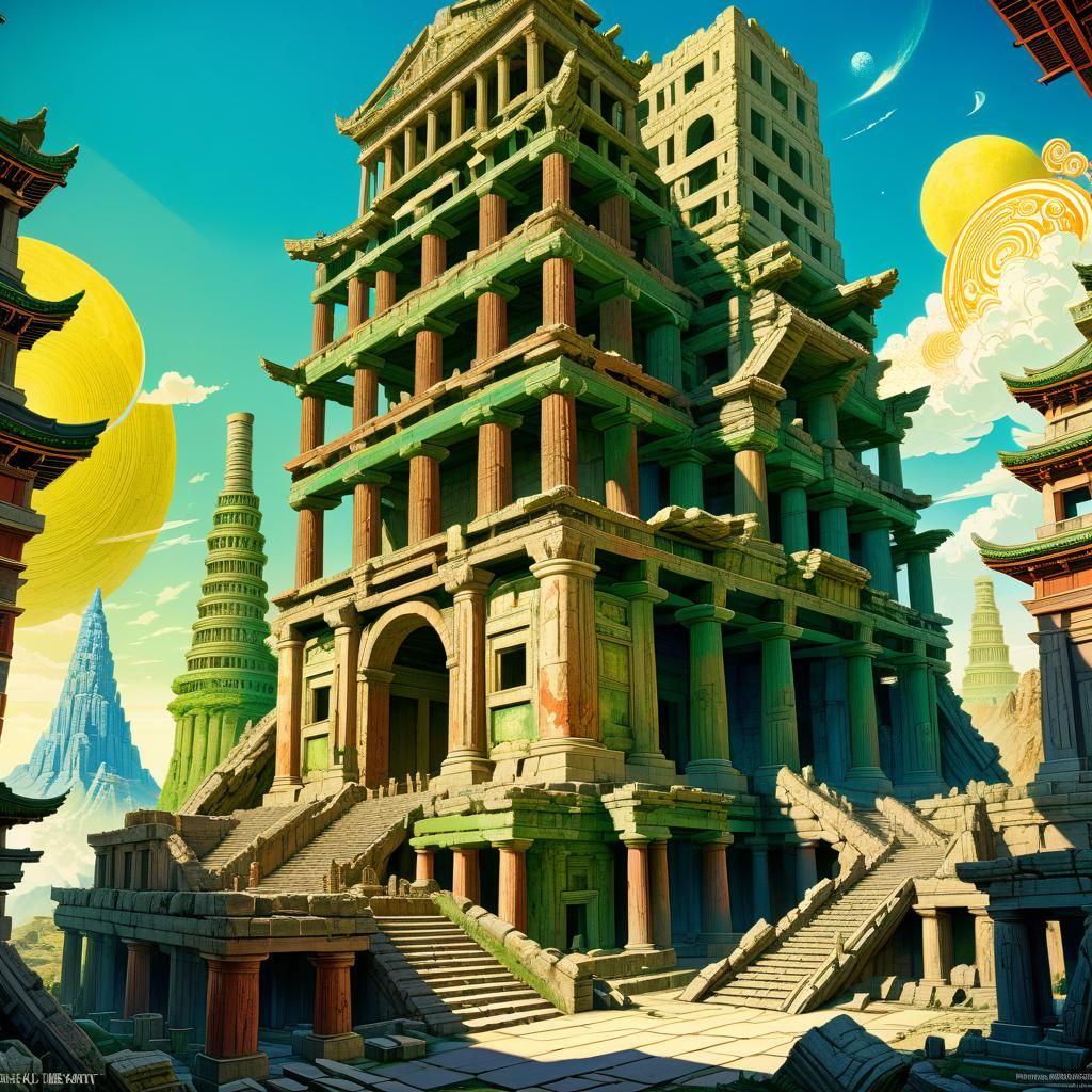 Ancient Ruins: Hyperdetailed Pencil Sketch in Ukiyo-e Style