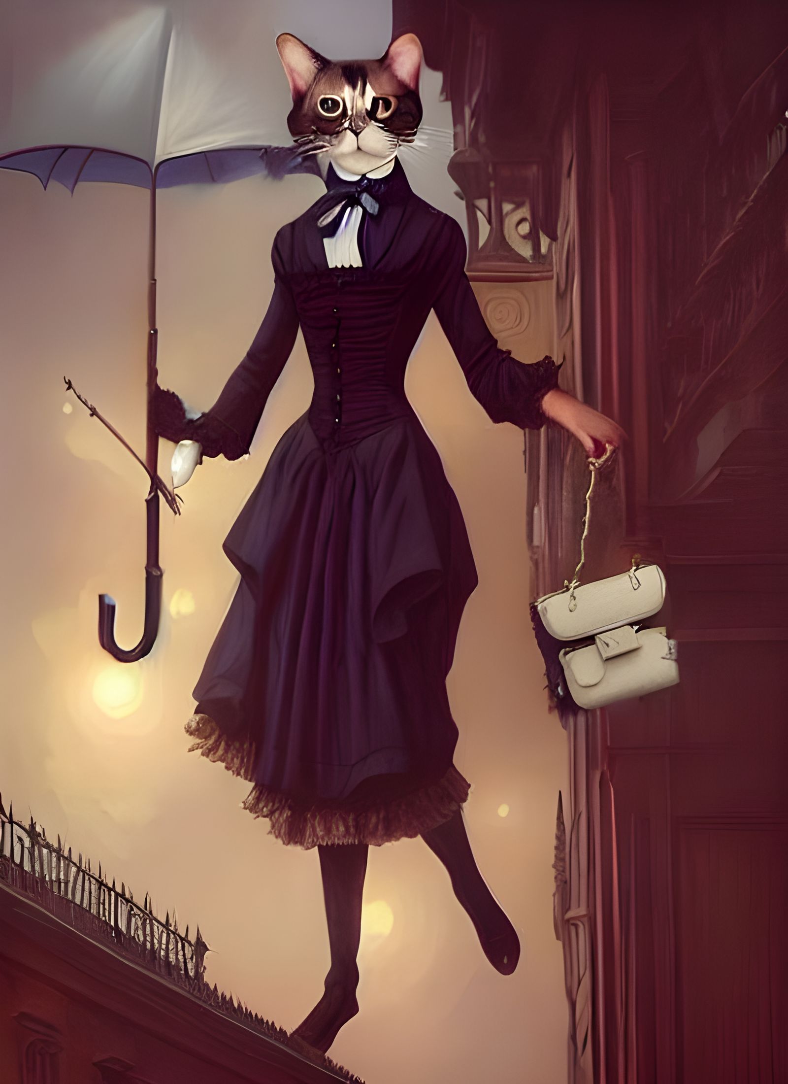 Victorian Cat with Purse as Oil Painting