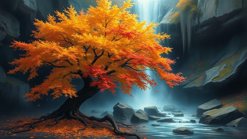 Autumn Tree Near Waterfall: Fantasy Digital Oil Painting
