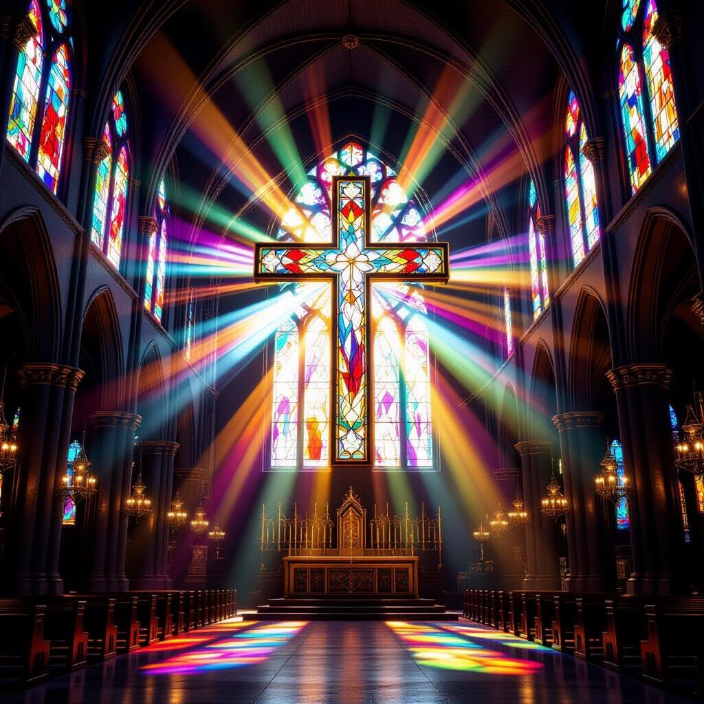 Sunlight Through Cross Stained Glass in Grand Cathedral