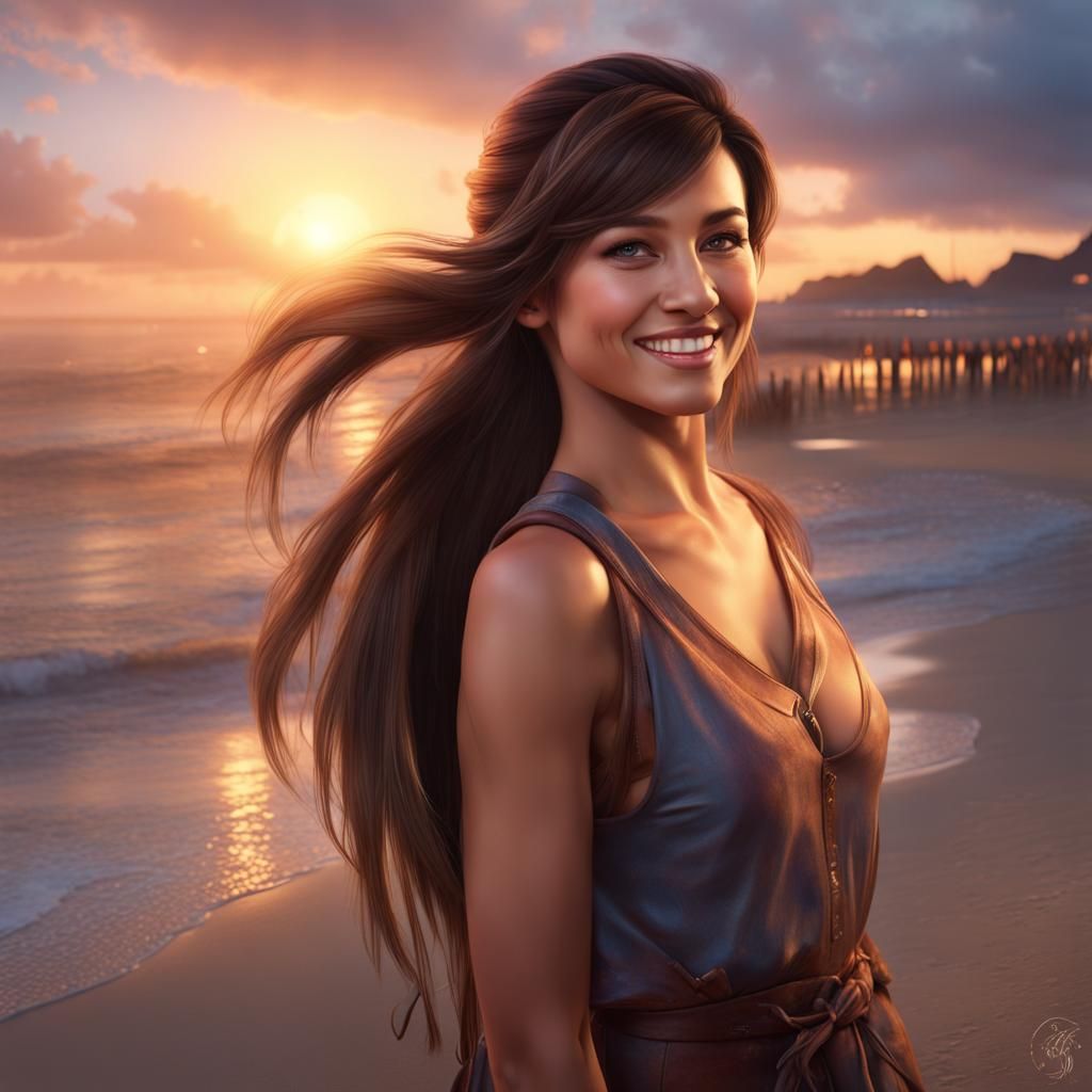 Brunette Girl Waving at Sunset: Detailed Digital Portrait