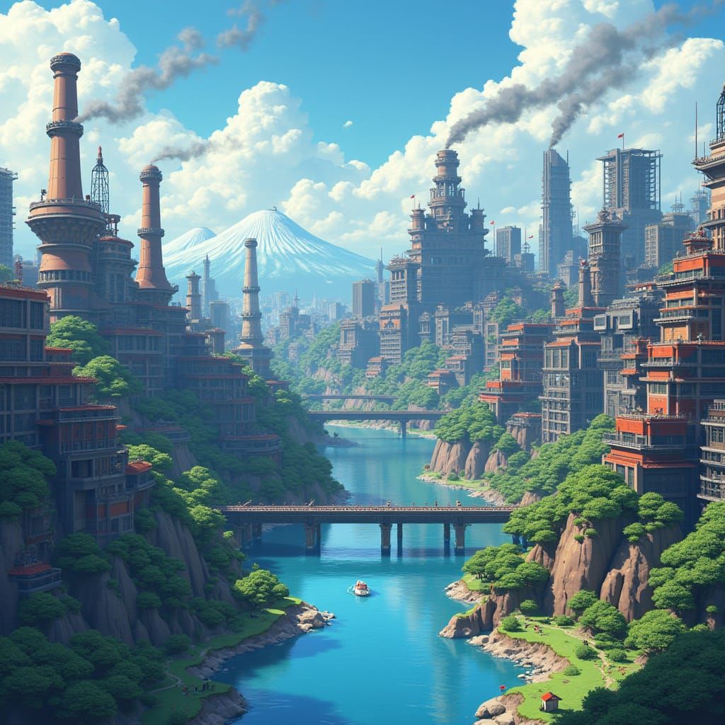 Minecraft Tokyo Water Channel in Syd Mead Style