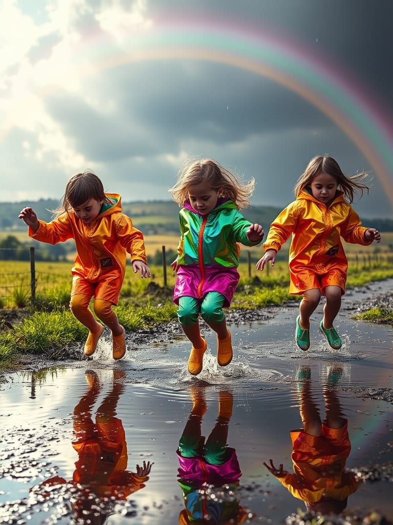 Children Playing in Sapphire Puddles with Rainbow