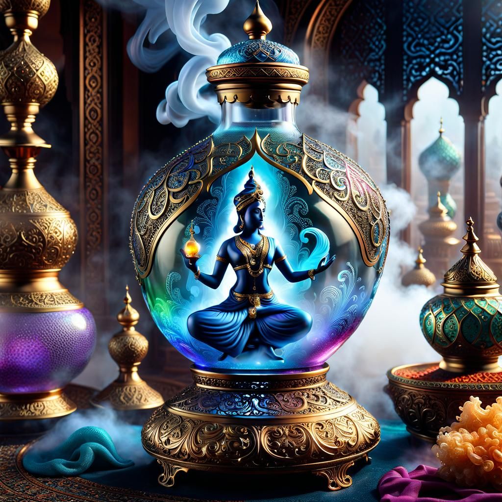 Realistic Genie in Ornate Bottle with Ethereal Mist