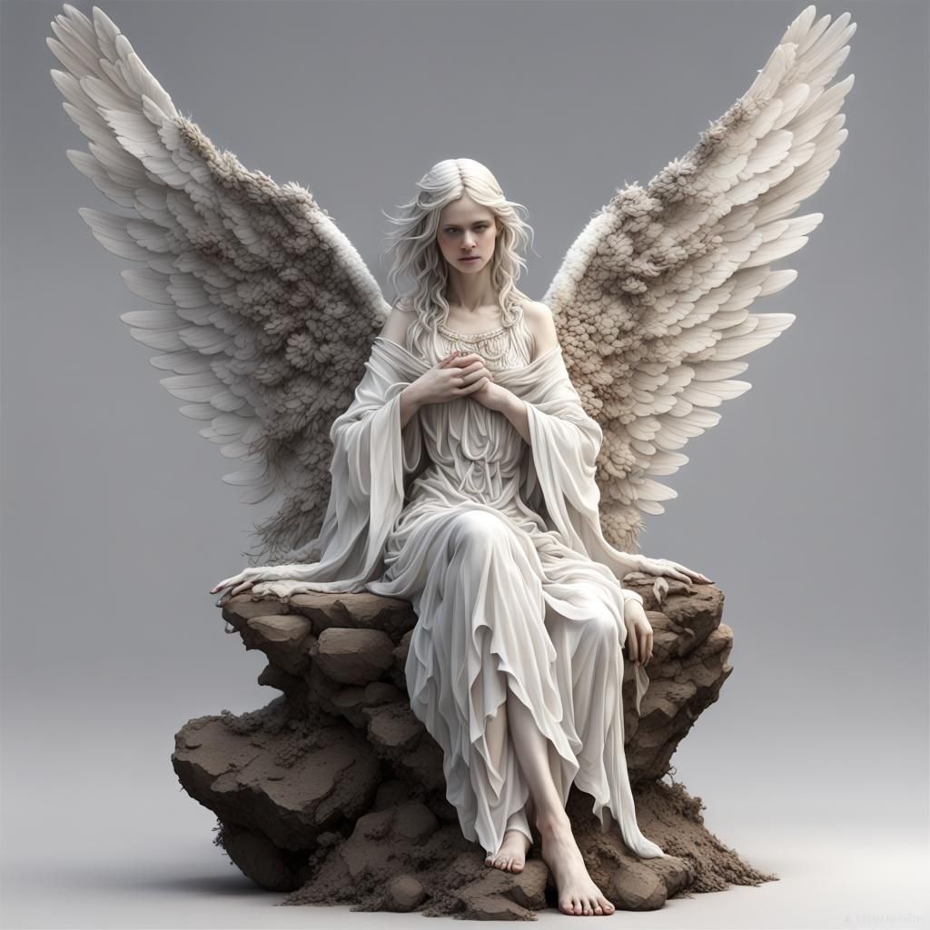 a statue of an angel sitting on a rock, high detail, dress made of bones, Gaia human and digital, android mystic, white ...