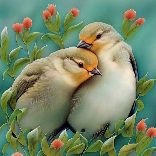 Birds Cuddle Together: Natural Illustration
