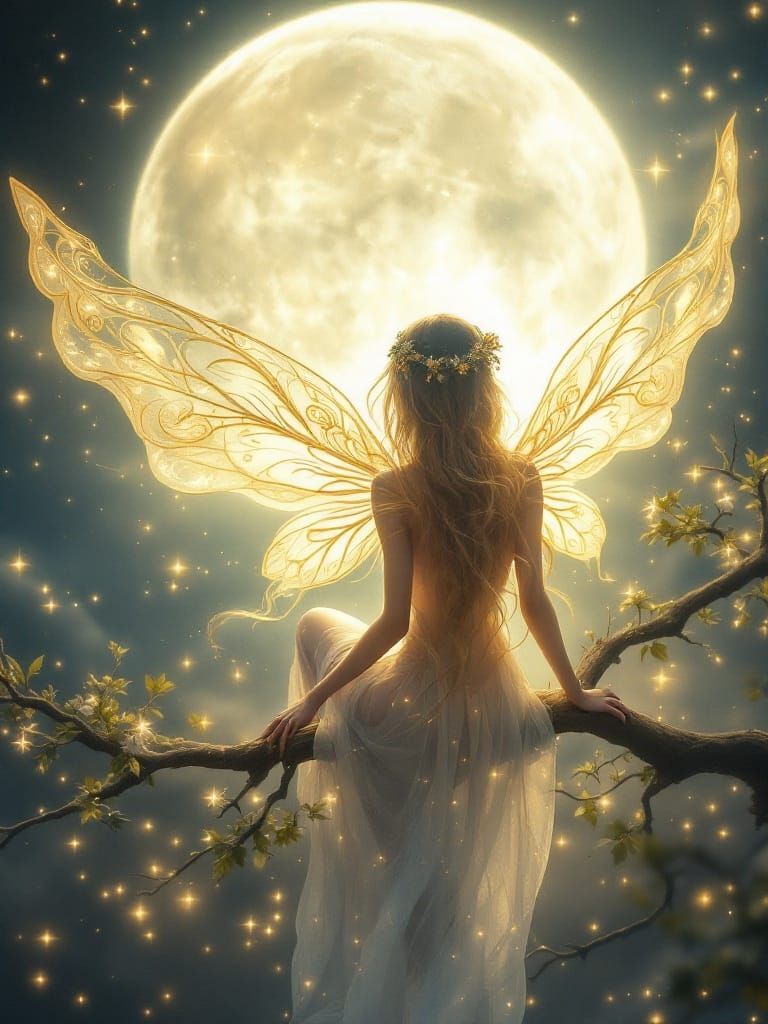 Luminous Fairy with Bioluminescent Wings in Art Nouveau Styl...