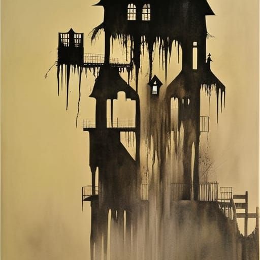 Eerie Swamp House with Shadow Creatures in Watercolor