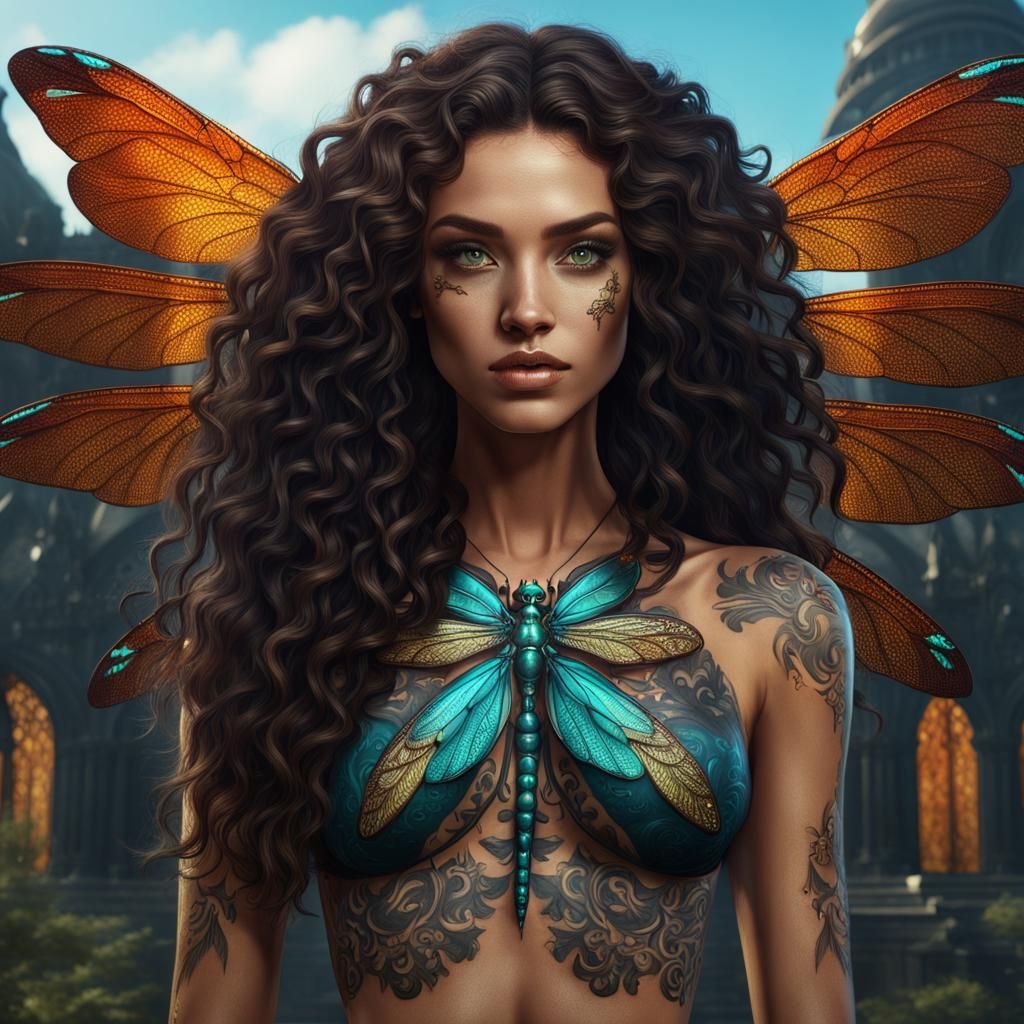 Beautiful Girl with Dragonfly Tattoo: Fantasy Concept Art