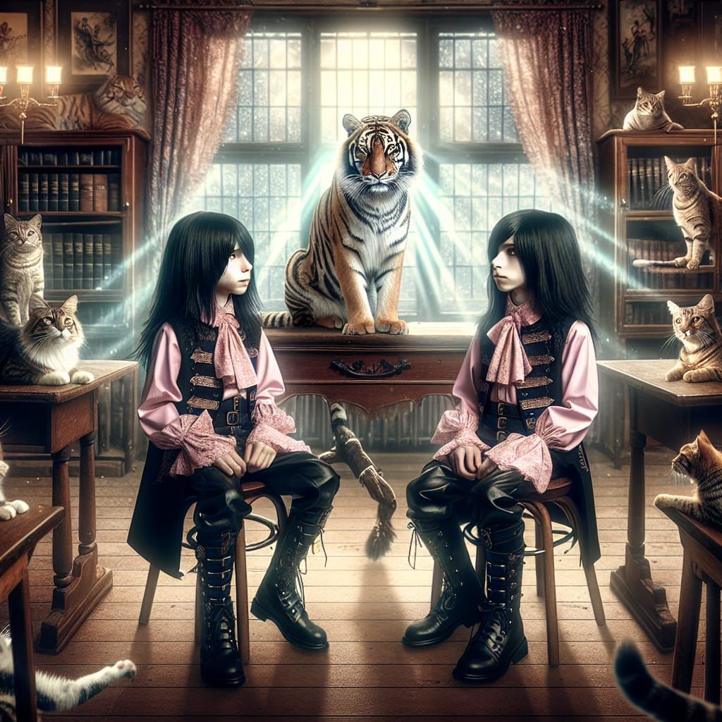 Steampunk Twins in Classroom with Cats and Tiger