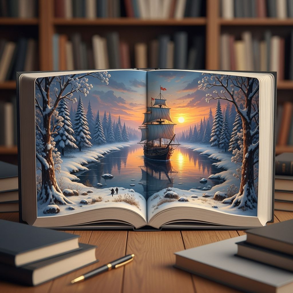 Open Book Diorama of Winter Landscape at Sunset