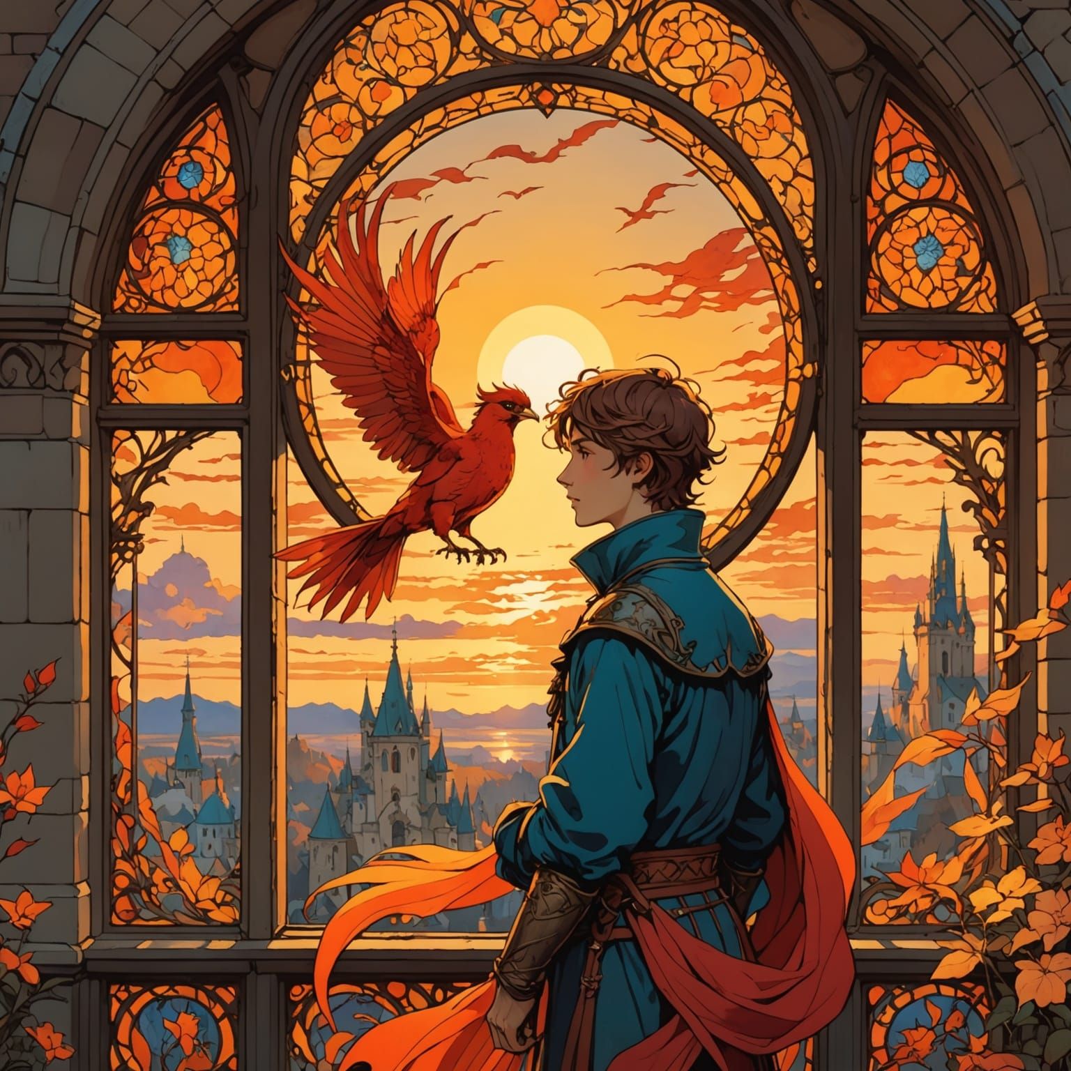 Medieval Boy Enjoys Sunset with Firebird Companion in a Vibr...