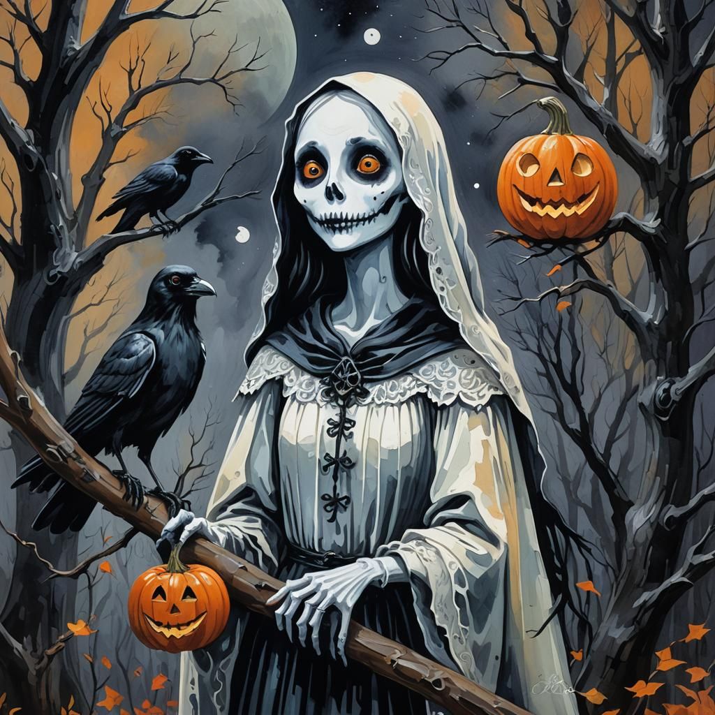 Friendly Ghost in Spooky Forest: Gothic Whimsy Gouache