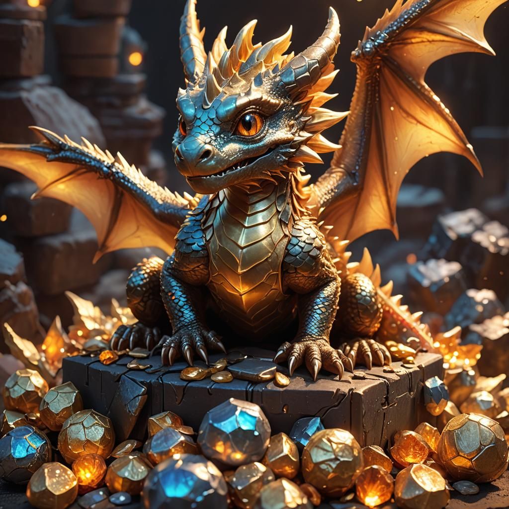 Cute Baby Dragon on Treasure Hoard in Anime Style