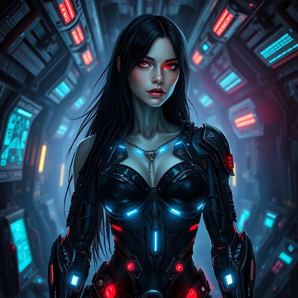 Cyborg Warrior in Dark Sci-Fi Spaceship