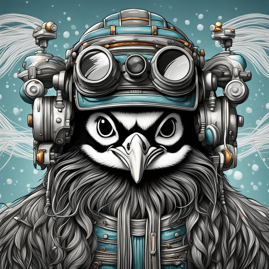 Penguin with Curlers in Black and White Lines