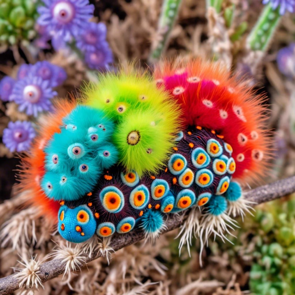 Furry fluffy caterpillar, bright vivid colours