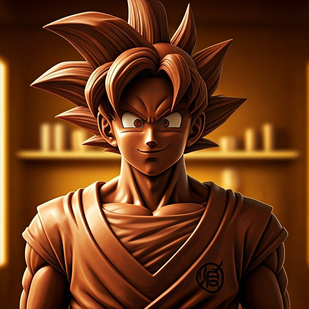 Victorious Chocolate Goku Statue in Synthwave Kitchen