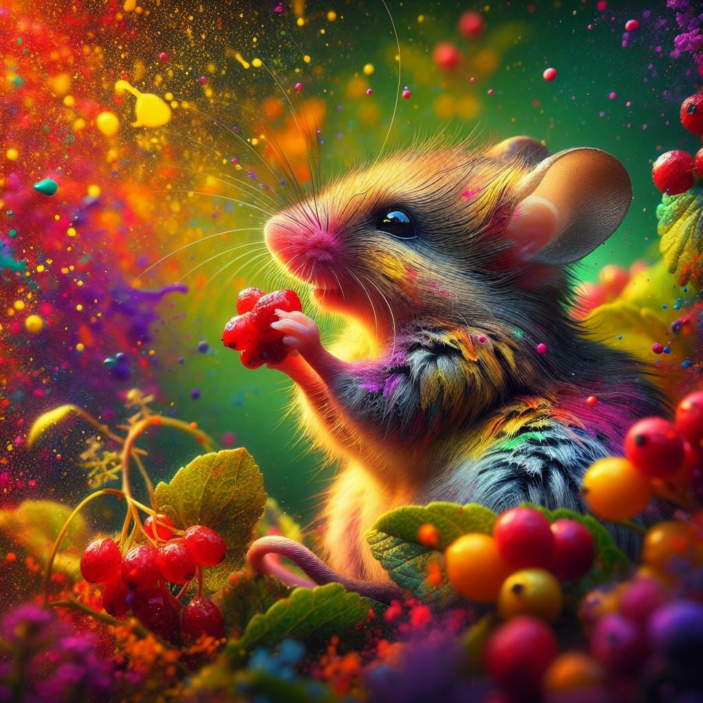 Anthropomorphic Mouse Delights in Berry: Splash Art Style