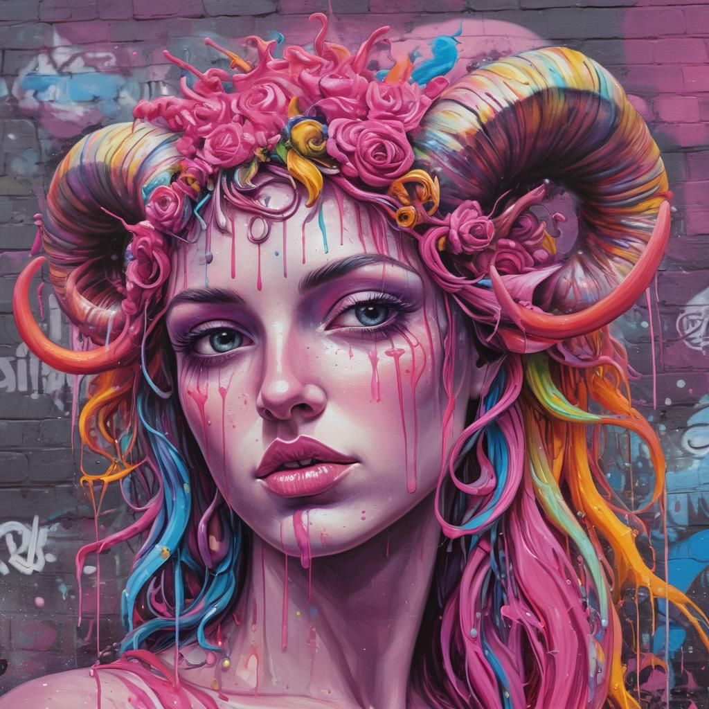 Persephone in Street Art Style Amidst Rainbow City