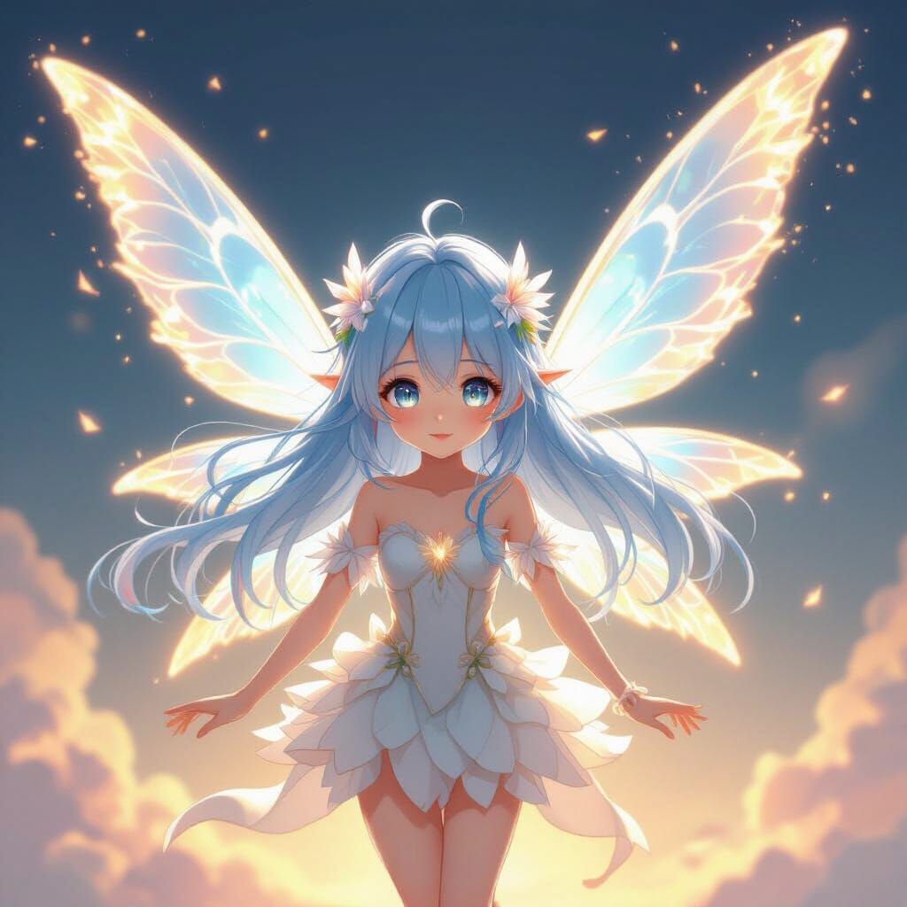 Anime Fairy Girl with Blue Hair & Glowing Wings