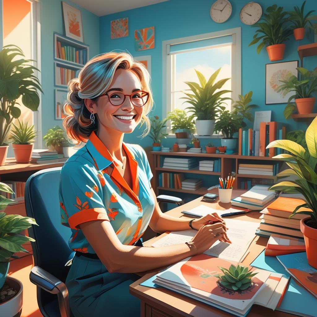 Joyful Psychologist in a Bright Office, as Concept Art
