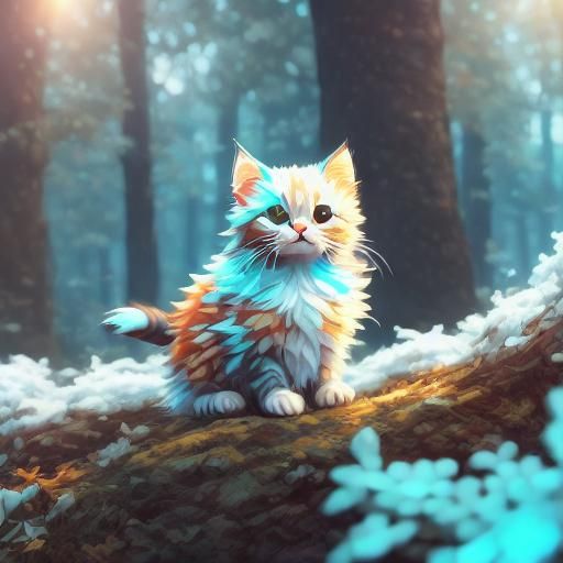 White Kitten Plays with Snowflake in Blizzard