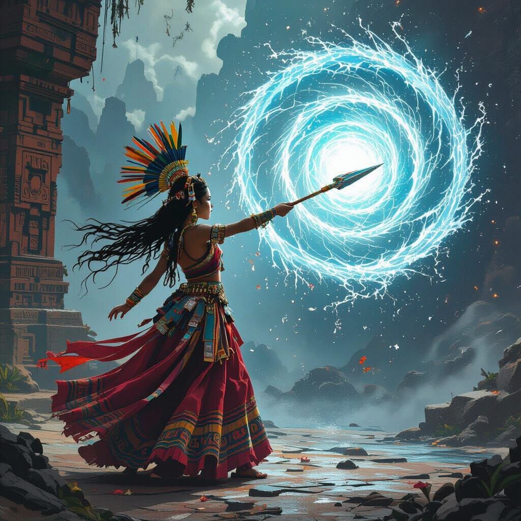 Teen Girl Wields Mayan Spear, Creates Water Spiral