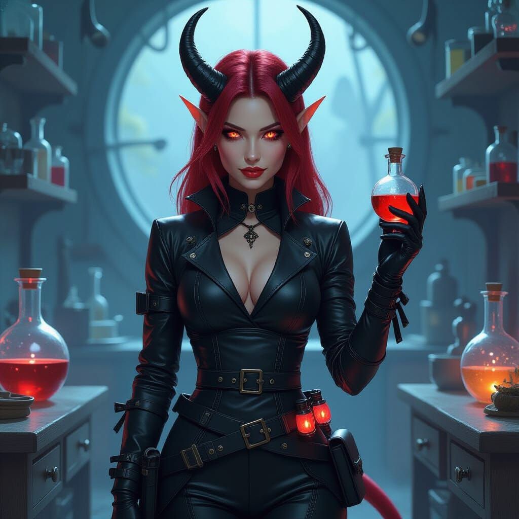 Tiefling Alchemist in Arcane Laboratory, Mystical Realism St...