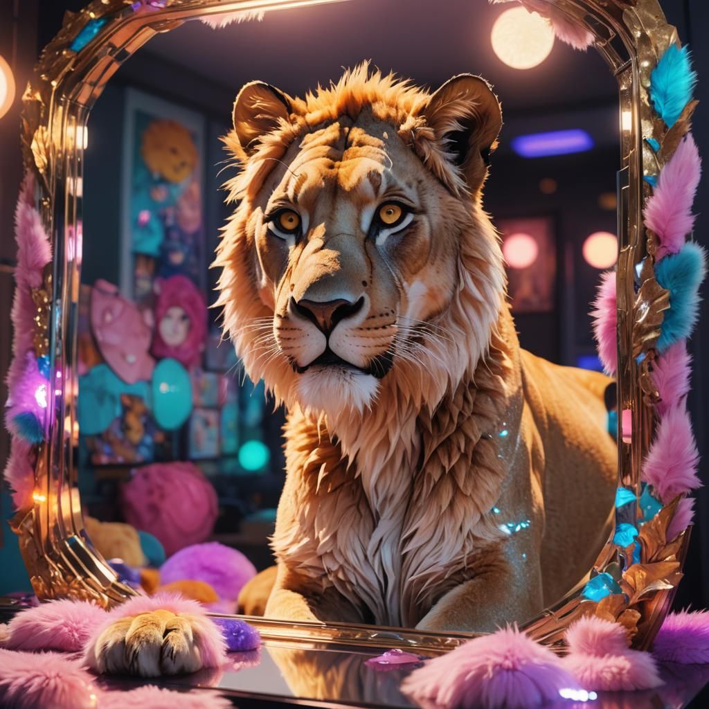 Cat Sees Lioness Reflection: Anime 3D Art