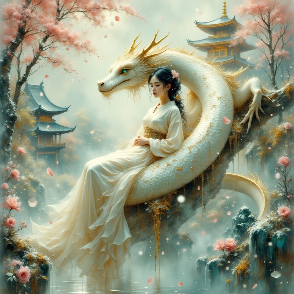 Serene Dragon Rider in Mystical Japanese Fantasy Scene