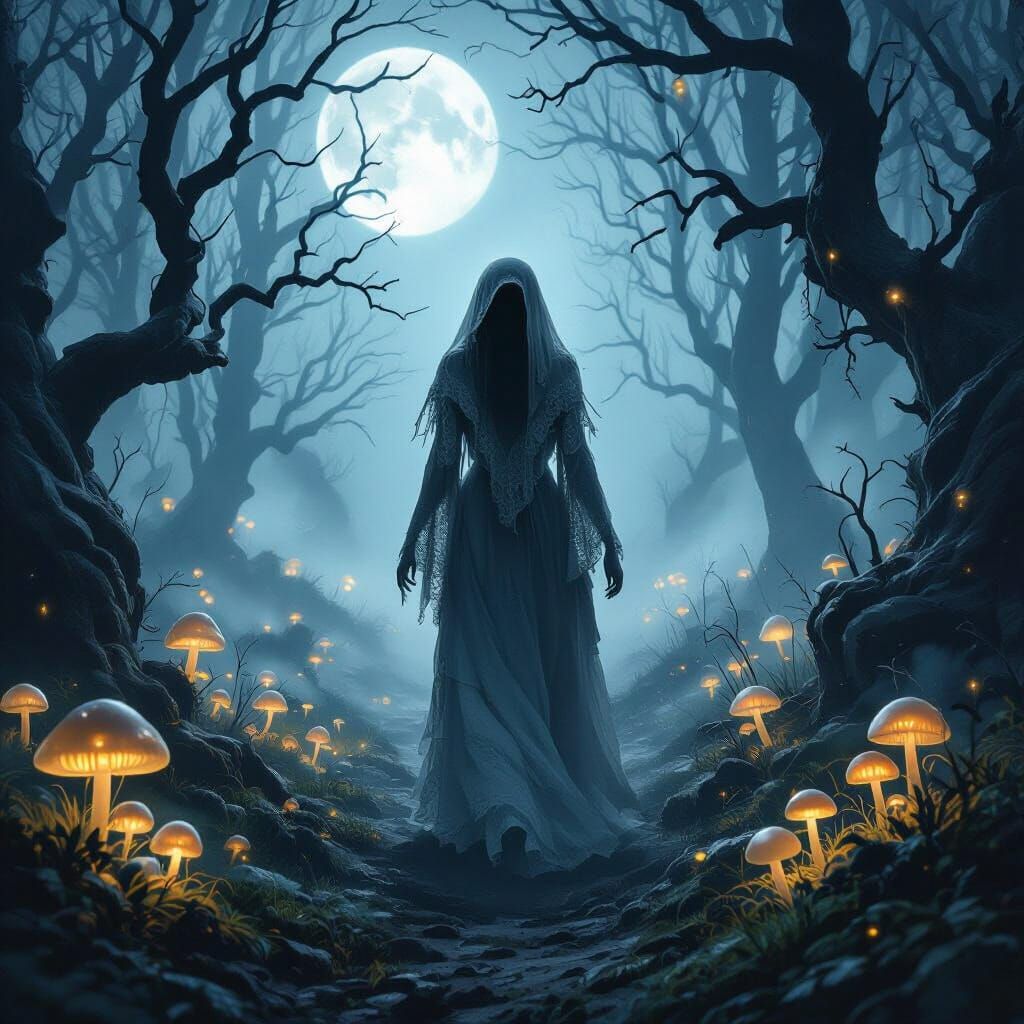 Ghostly Woman in Moonlit Forest with Glowing Mushrooms