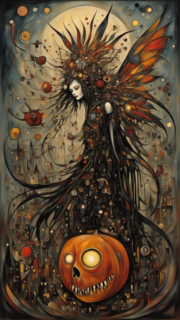 Autumn Faerie with Dia de Muertos Mask on Jack-o'-lantern