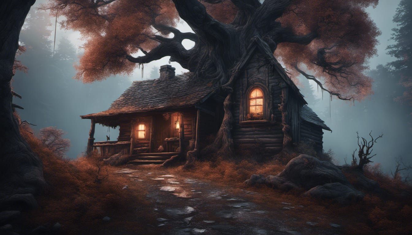 Pug Ghost at Haunted Cabin in Detailed Matte Painting