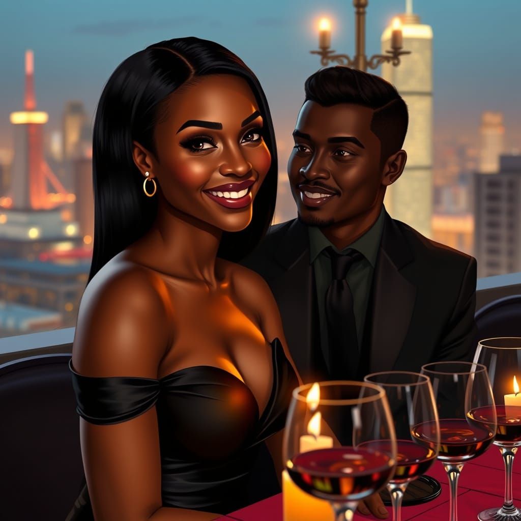Stunning Dark-Skinned Couple in Elegant Rooftop Setting
