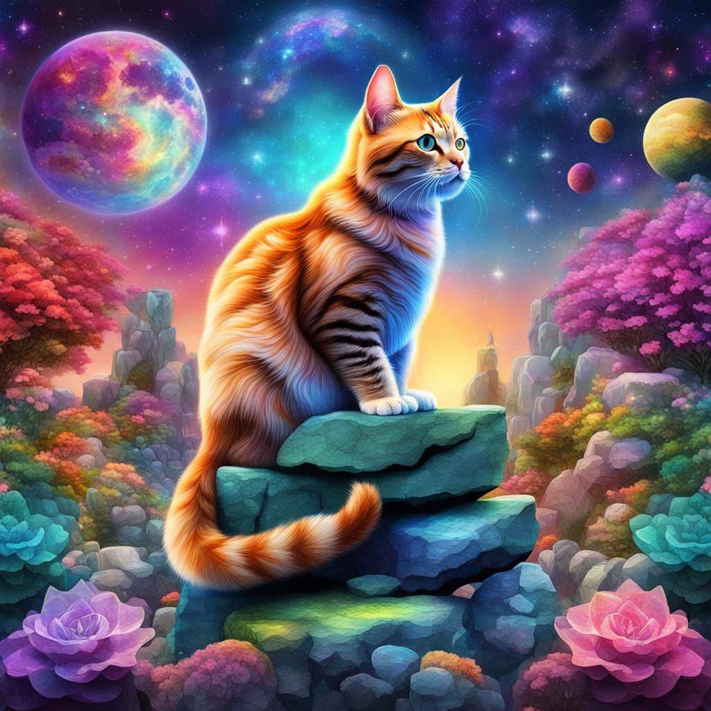 Cat in Colorful Rockery Garden: Cosmic Illustration