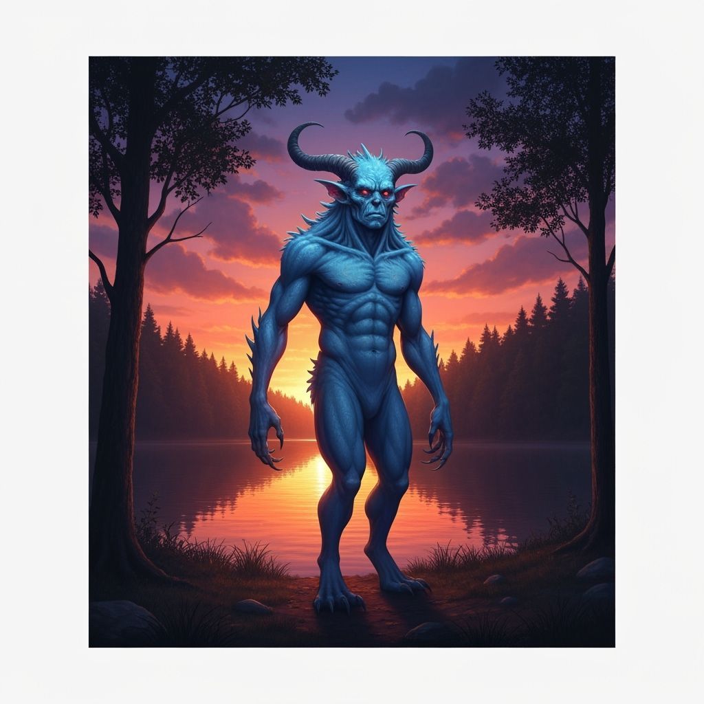 Denim Monster at Sunset in Lovecraftian Style