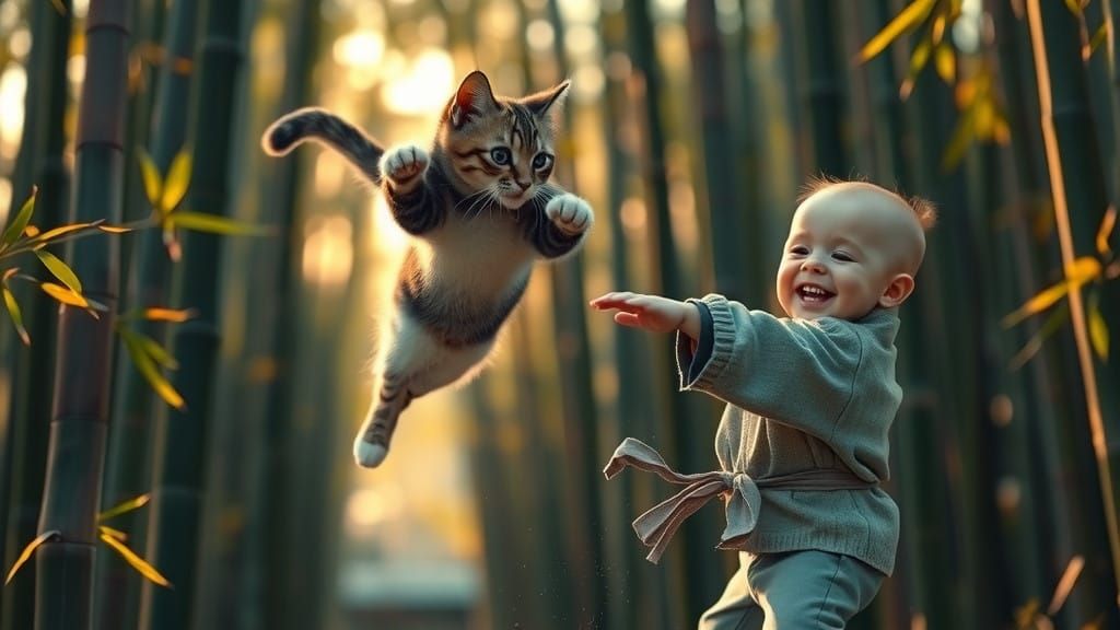 Cinematic Kung Fu Battle in Bamboo Forest at Golden Hour