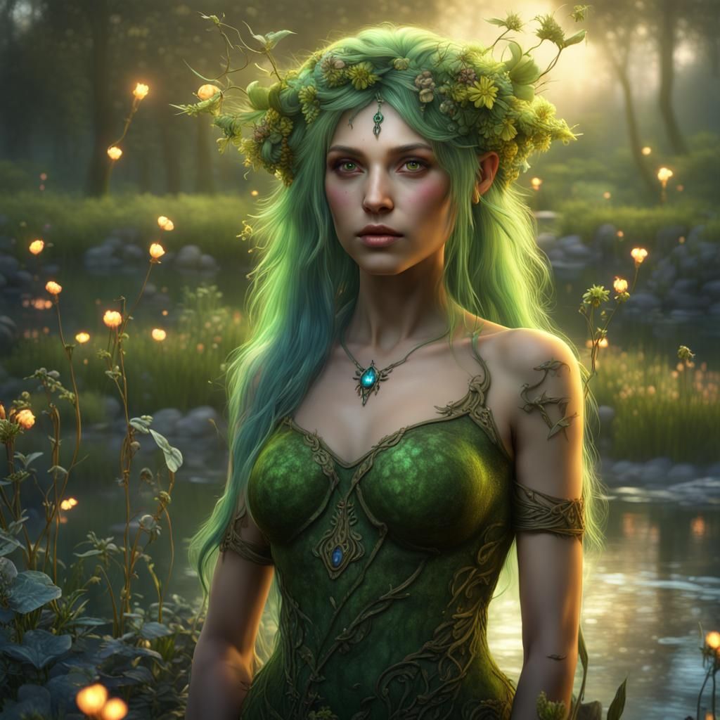 Enchanting Dryad with Flowers near Lake, Fantasy Art
