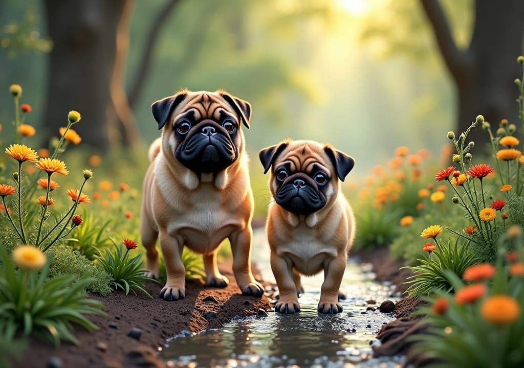 Isometric Pugs in Forest Stream Landscape