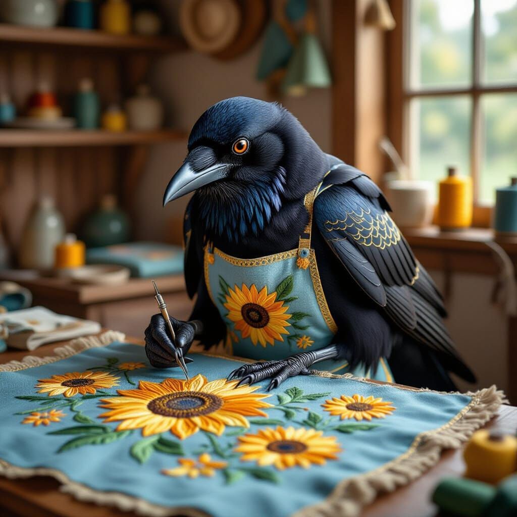 Crow Embroidering Sunflowers with Gold Wings