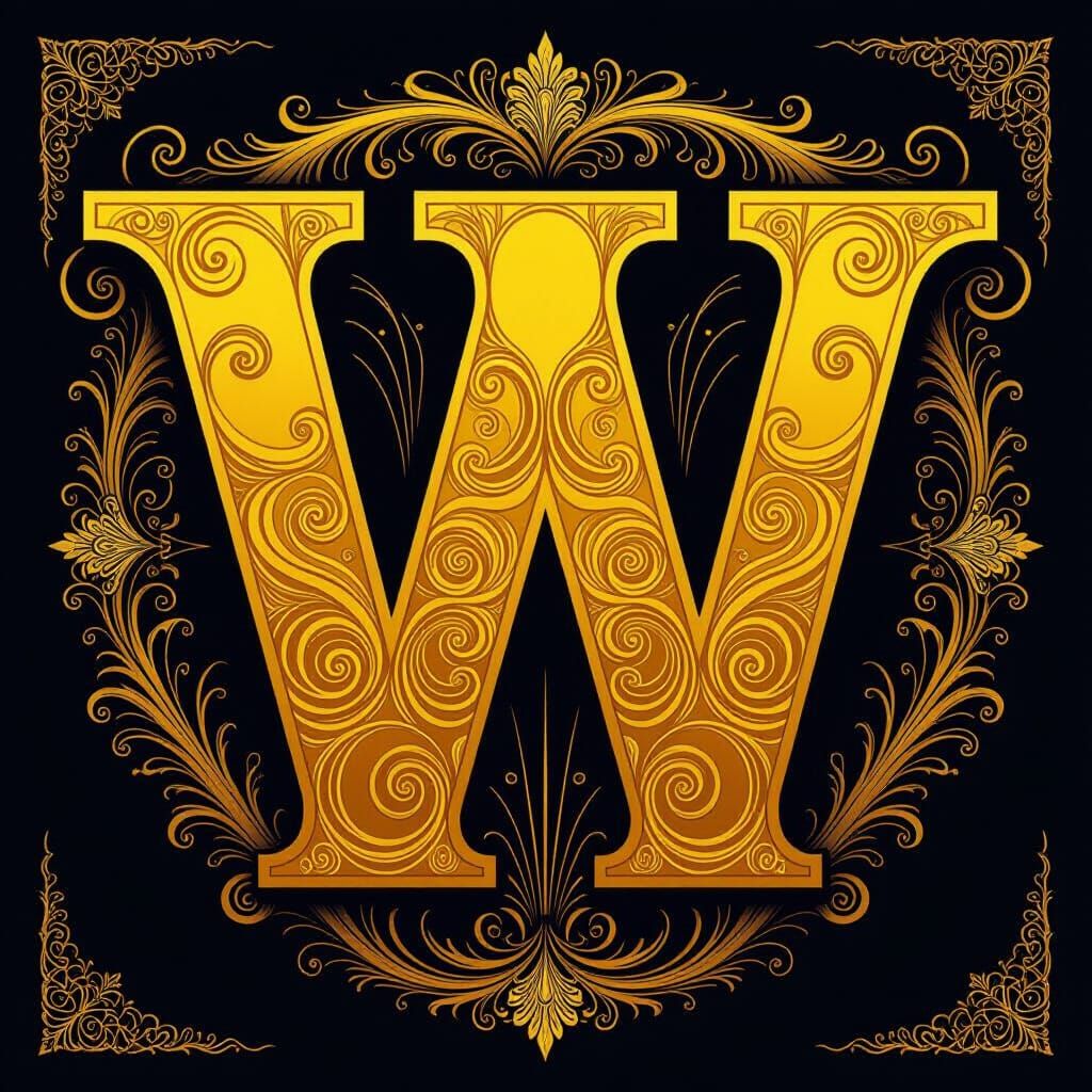 Golden Letter W with Futuristic Art Deco Design