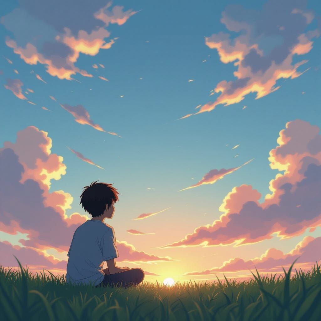 Anime Dreamscape: Young Man Watching Clouds