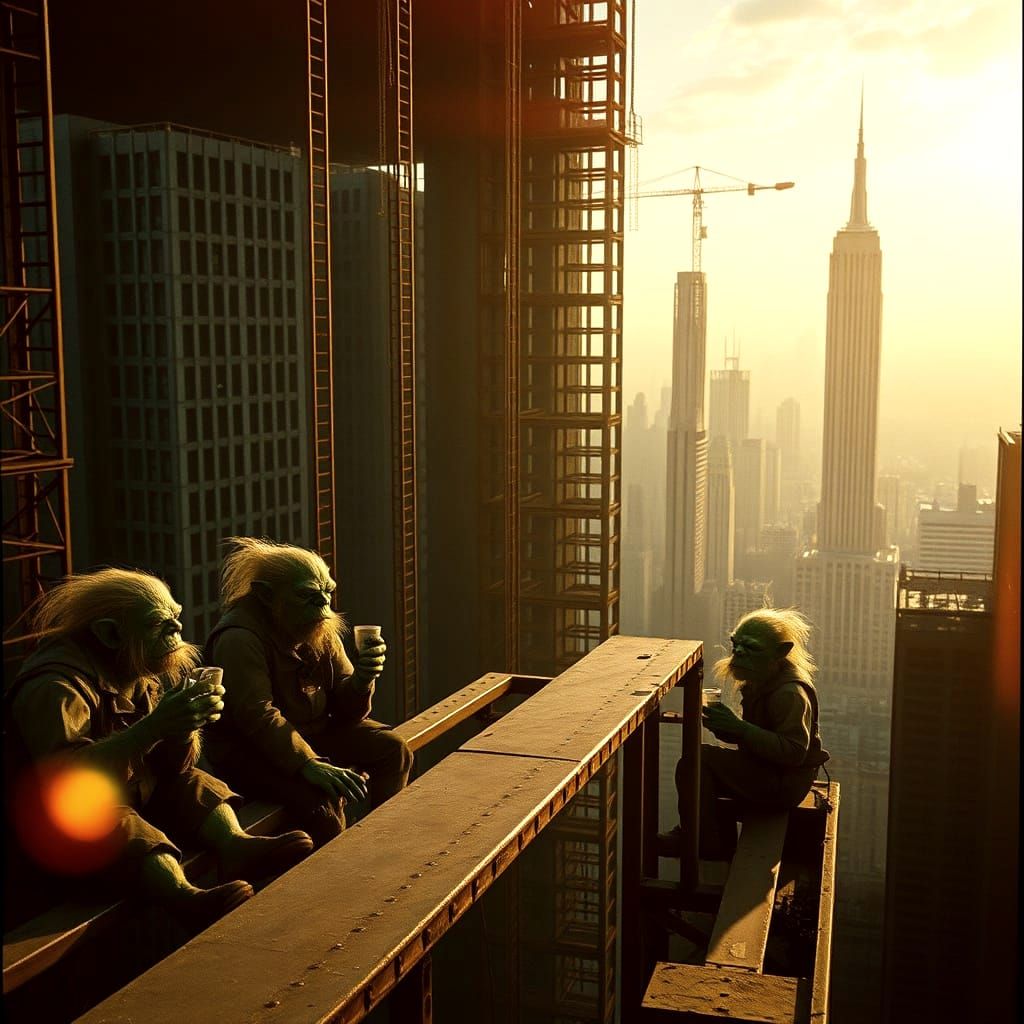 Troll Construction Workers in Early 1900s Cityscape