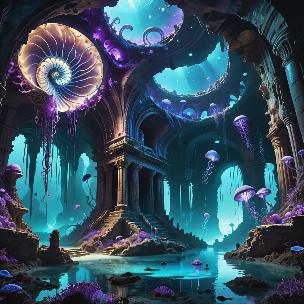 Bioluminescent Alien Ruins in Sci-Fi Underwater Grotto