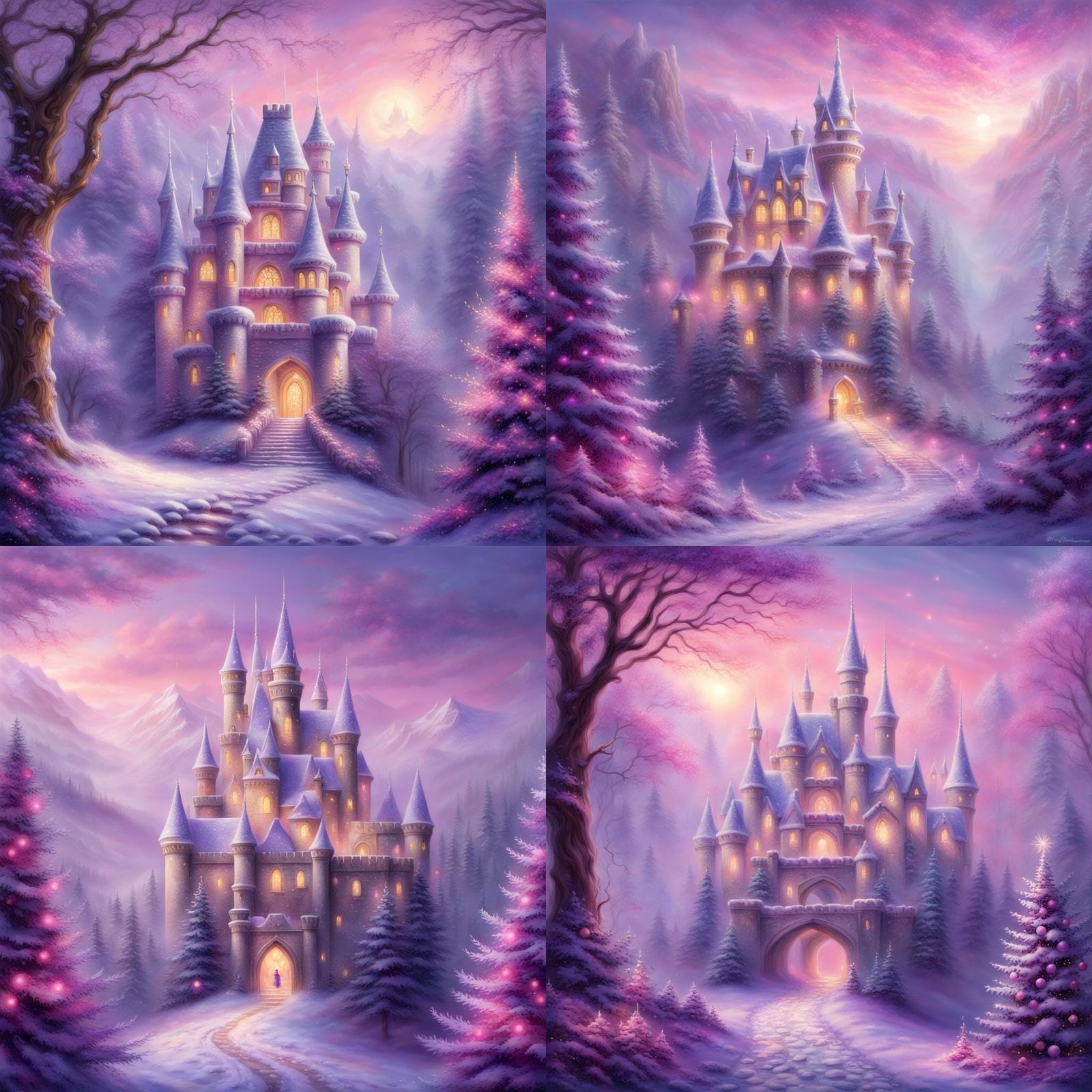 Pink and Purple Christmas Castle in Ethereal Style