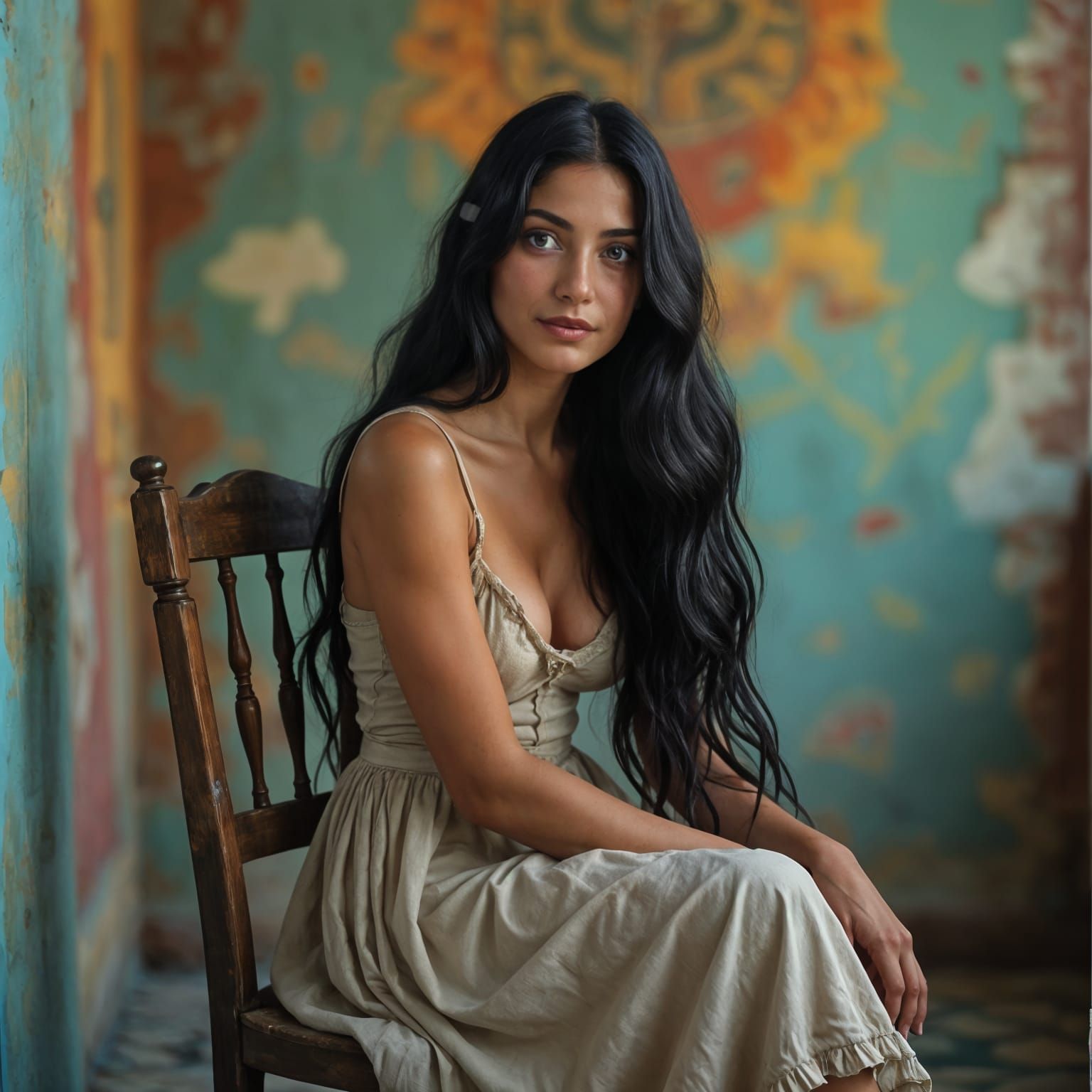 Olive Skinned Woman with Long Hair on Rustic Chair