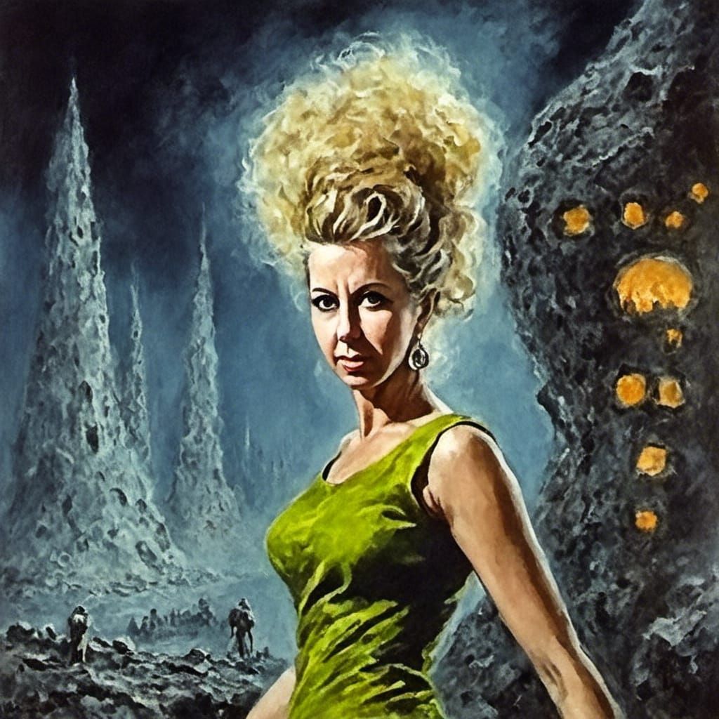 Retrofuturistic Woman in Alien City, Kelly Freas Style