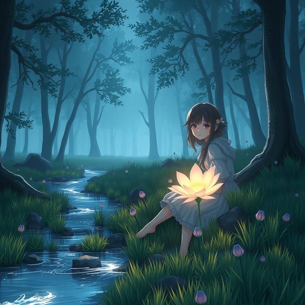 Girl in Forest with Glowing Flower, 3D Anime Art